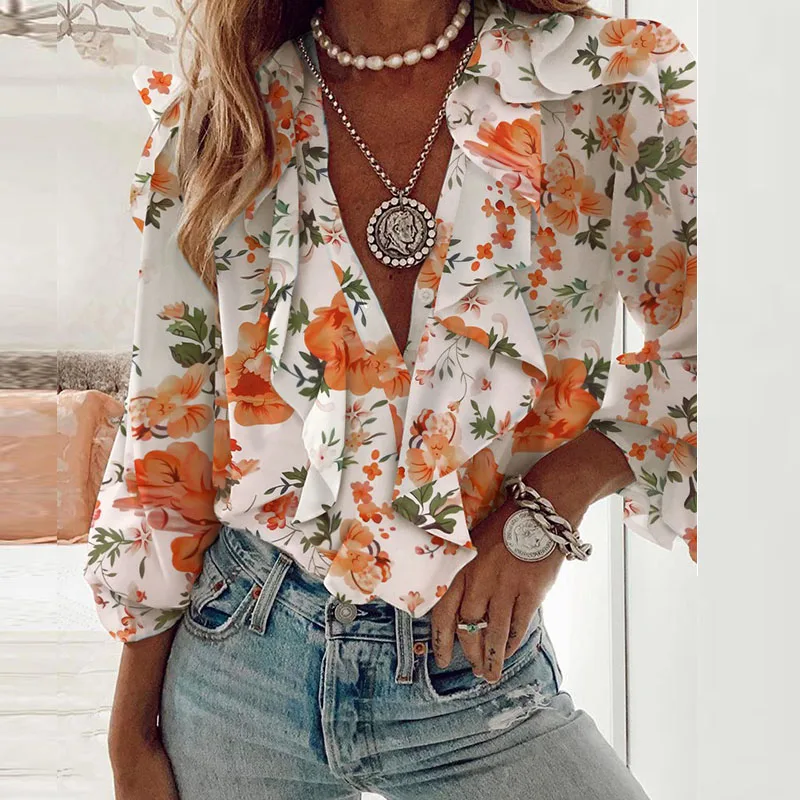 

Elegant Floral Print Ruffle Neck Women Blouse Shirt 2021 Vintage V-Neck Tops Office Lady Summer Sexy Long Sleeve Chiffon Blusa
