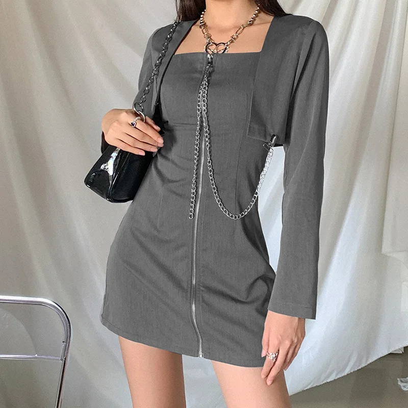 

2021 New Long Sleeve Casual Streetwear Wild Solid Female Mini Dress Women Fall Fashion Slim Solid Cool Zipper Chain Gray Dress