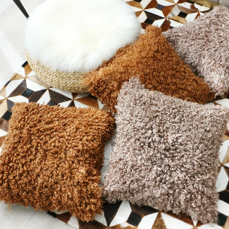 

Natural Mongolian curly sheep skin fur pillow without stuff ,square shaped single side decoration sofa fur pillow case
