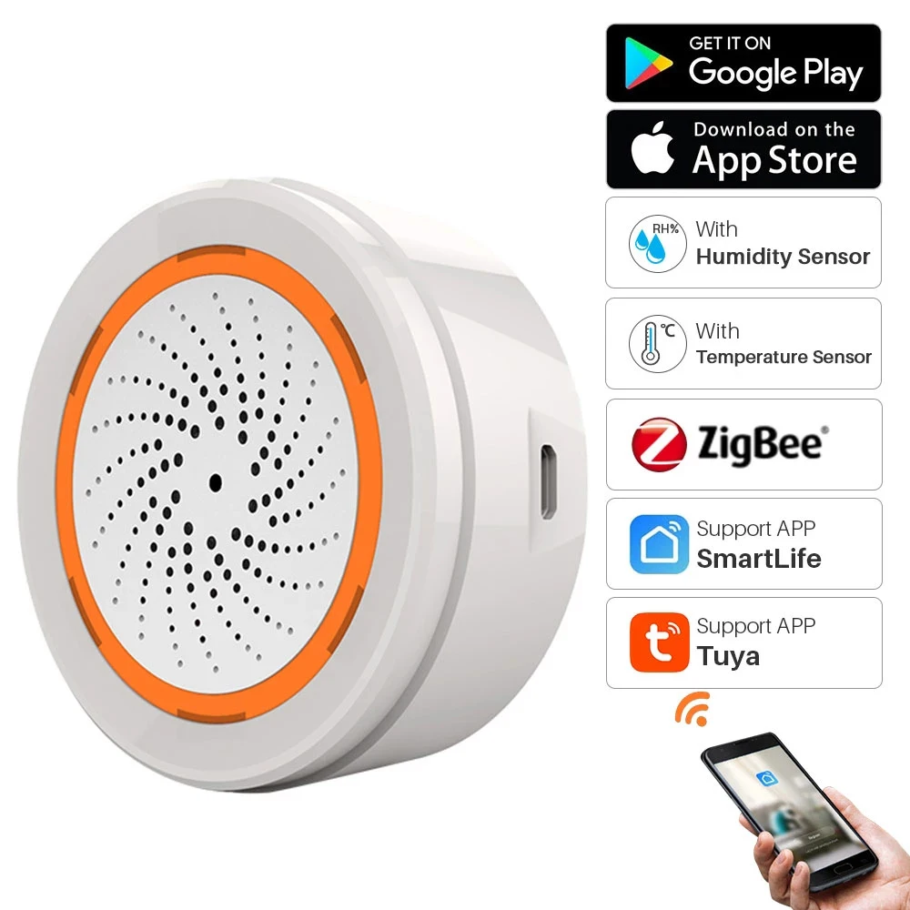 

Сигнализация ZigBee Tuya с датчиком температуры и влажности, светодиодная сирена 90 дБ, работает с приложением