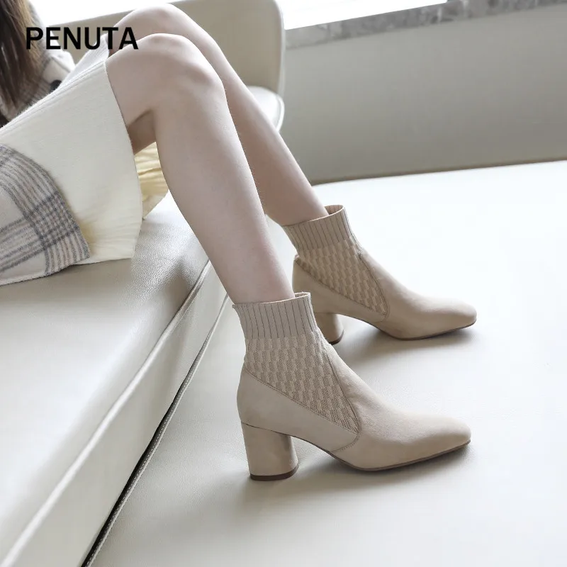 PENUTA; женские эластичные сапоги; замшевые ботильоны; Женская эластичная Осенняя обувь на не сужающемся книзу высоком массивном каблуке; дизайн; PD984 - Цвет: Apricot Plush In