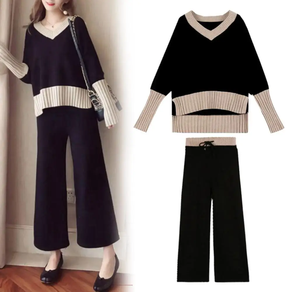 

Fashion 2Pcs Women Casual V Neck Pullover Top Wide Leg Pants Sportswear Knitted Tracksuit
