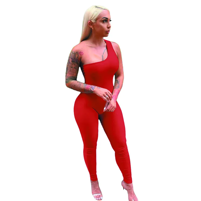 

Summer Jumpsuit New One Shoulder Sleeveless Women Sexy Tight Fitting Hip Lifting Sports Casual Knitted Sexy Jumpsuit Women 2021