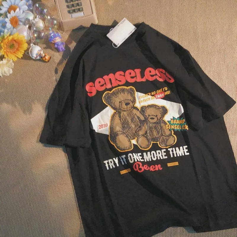 

100% Cotton Short-sleeved T-shirt Female Bear printed 2021 New Summer Korean Loose Half-sleeved T-shirt Top Kawaii Clothes