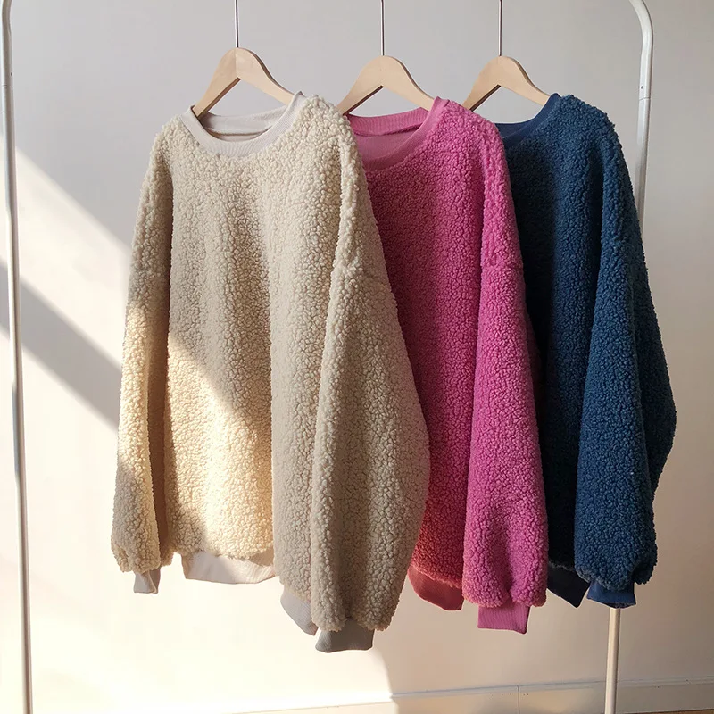 Теплый осенний женский флисовый свитер с длинным рукавом из овечьей шерсти