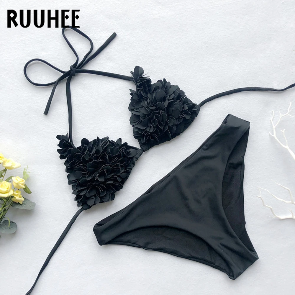 B3950BK RUUHEE, бикини, купальник, женский, 3D, Цветочный, сексуальный, бикини, набор, купальник, пуш-ап, пляжная одежда, Maillot De Bain Femme Biquini - Цвет: B3950BK