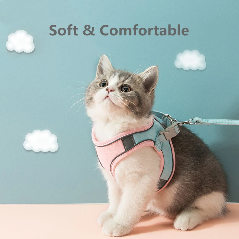 

Escape Proof Cat Vest Harness and Car Seat Belt Adapter Adjustable Reflective Cat Harness Soft Mesh Harness for Kitten Puppy