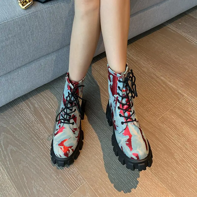 Jual Krazing Pot Kulit Asli Dicetak Kulit Bulat Toe Sepatu Hak Tinggi Renda Pakaian Sehari-hari Musim Dingin Tetap Hangat Non-Slip Semata Kaki L41