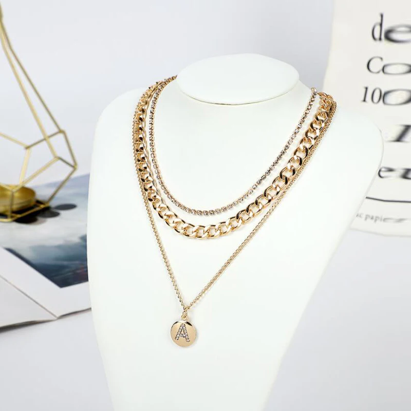 

Vintage Multi-layer Gold Color Pendant Chain Necklace For Women Alphabet Round Carved Letter Charm Crystal Chain Choker Necklace