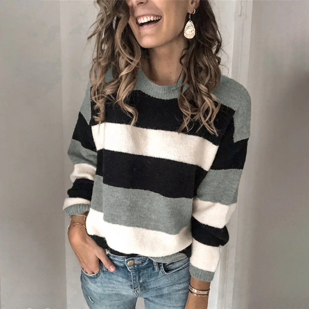 

2020 New Style for Autumn and Winter European and American Large Size Dress Hit Color Stripes Sweater Pullover Loose Sweater