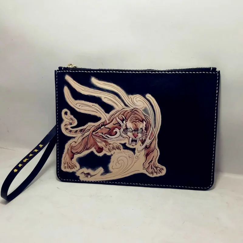 

Мобильный телефон ручной работы для мужчин из дубленой растительной кожи, резьба, летающая сумка с изображением тигра, держатель для денег, ...