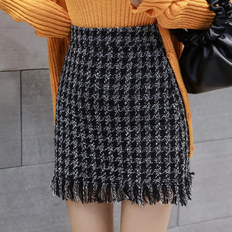 Женская твидовая юбка с кисточками винтажная мини карандаш шерстяная облегающая