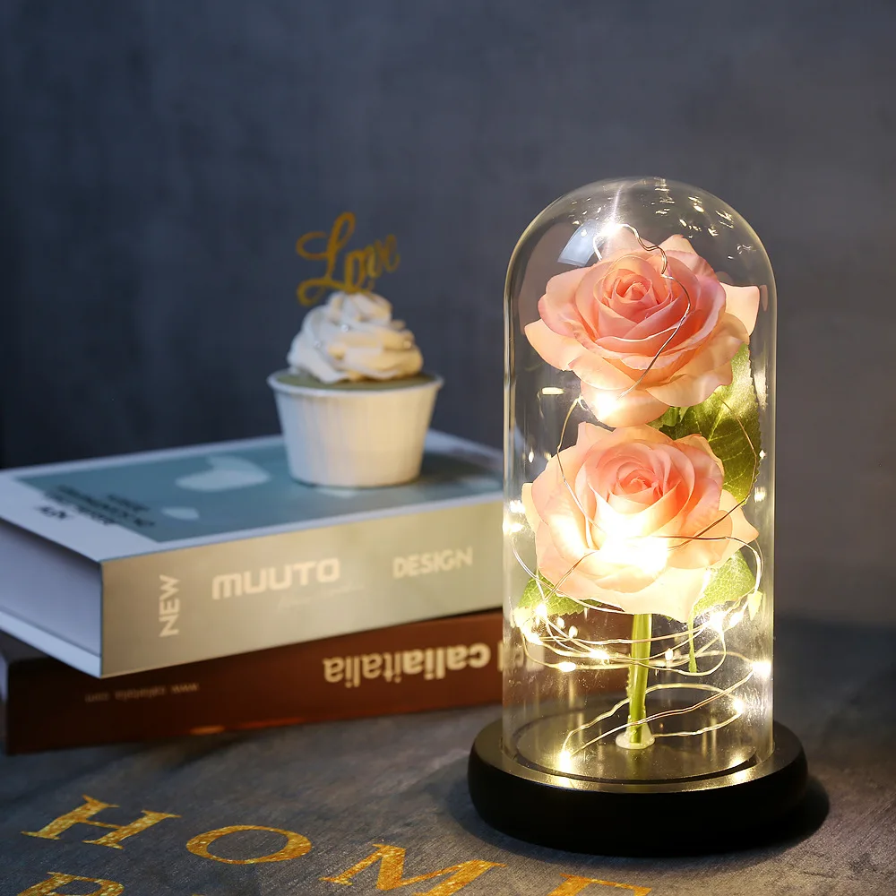 

Artificial Eternal Rose LED Light Beauty The Beast In Glass Cover Art Home Decor for Mother Valentines Day New Year Gift Flower