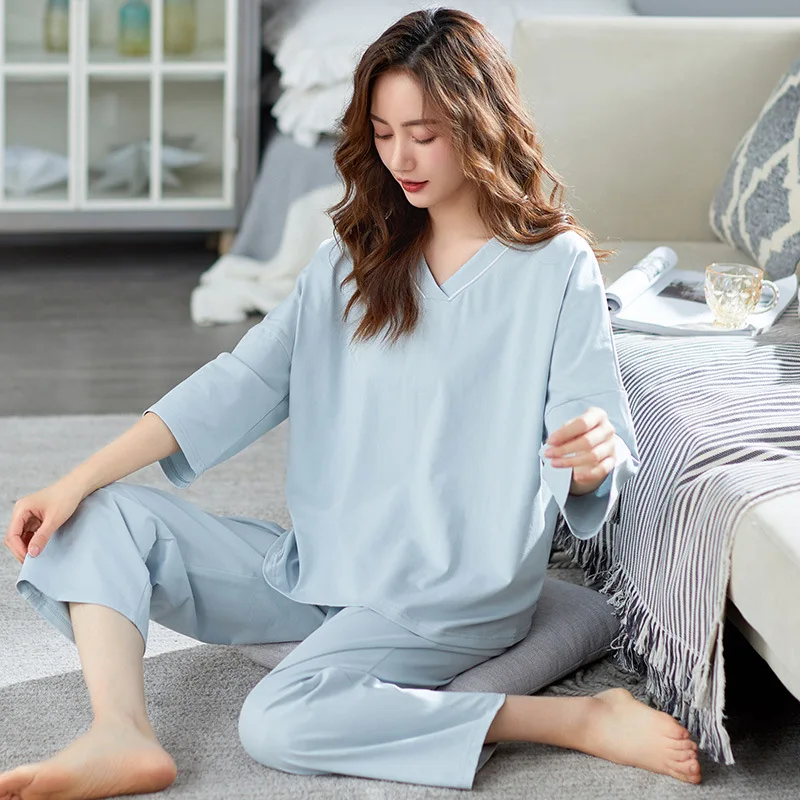 New Women's Pajamas Set Summer Modal Short Sleeve Trousers Solid Color Nightwear Home Wear Casual 2Pcs Suit Sleepwear Sleep Tops