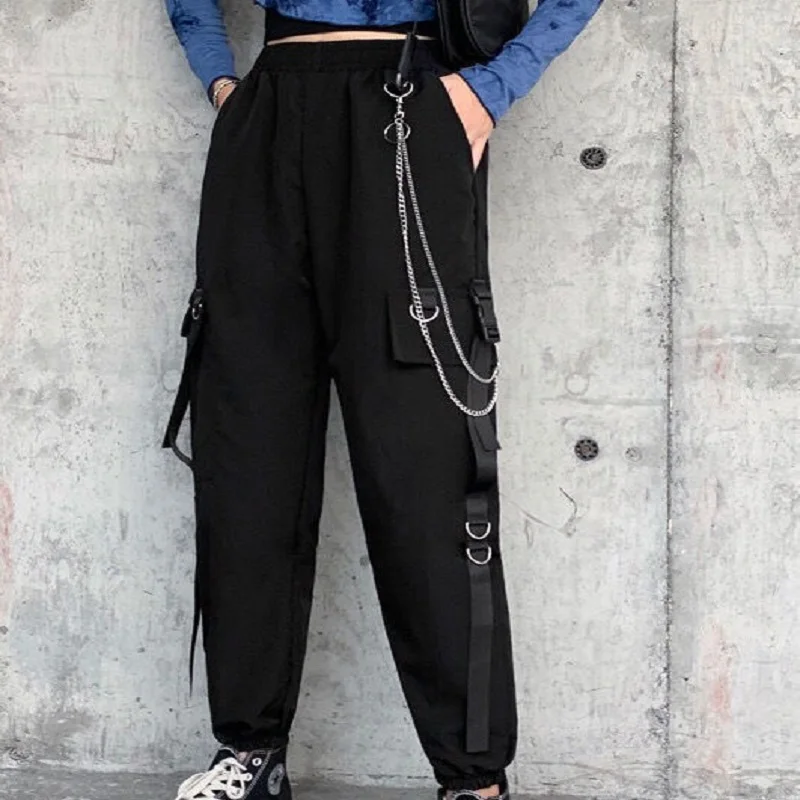 

Punk Women Black Cargo Pants with Chain Gothic Hippie Joggers Techwear Loose High Waist Wide Trousers Female Mall Goth