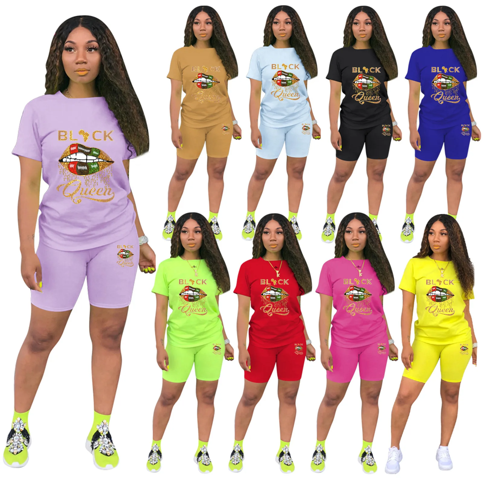 

women casual set print letter short o-neck t-shirts skinny elastic short matching sets two piece set tracksuits summer