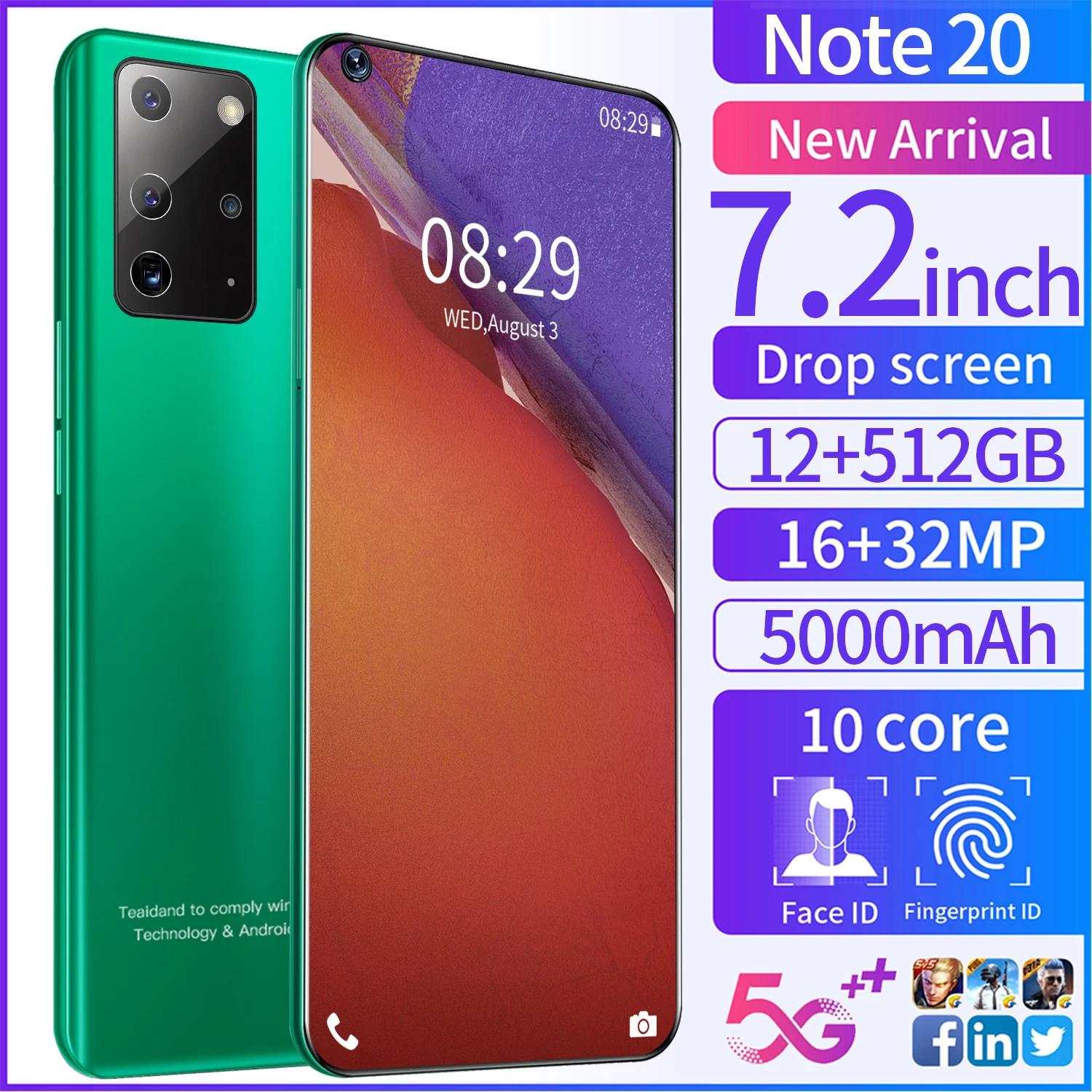 

Sansumg Galay 5G Smartphone Note 20 Android10.0 Deca Core 12+512GB Snapdragon888 Fingerprint ID Cellphone Dual SIM Mobile Phone