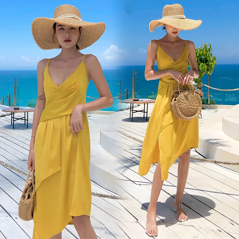 Женское платье на бретелях Midi Ginger Yellow элегантное пляжное в тропическом стиле для