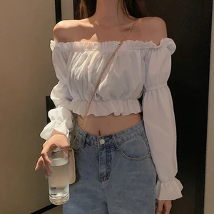 Women Top Sexy Blouse Off Shoulder Top Long Sleeve Solid Color White Shirt Puff Sleeve Ruffle Tunic Crop Top Summer Tube Top