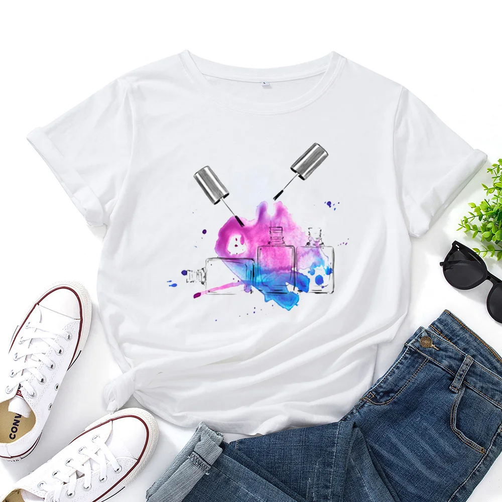 

Nail Polish Art Print T-shirt Women O-neck Casual Short-sleeved Street Personalitystyle
