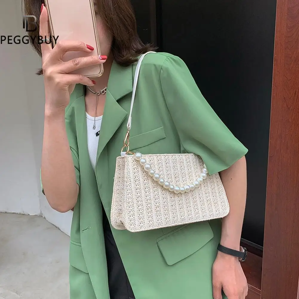 

Vintage Women Bag Summer Vacation Woven Pure Color Small Pearl Shoulder Underarm Casual Beach Shoulder Crossbody Bag