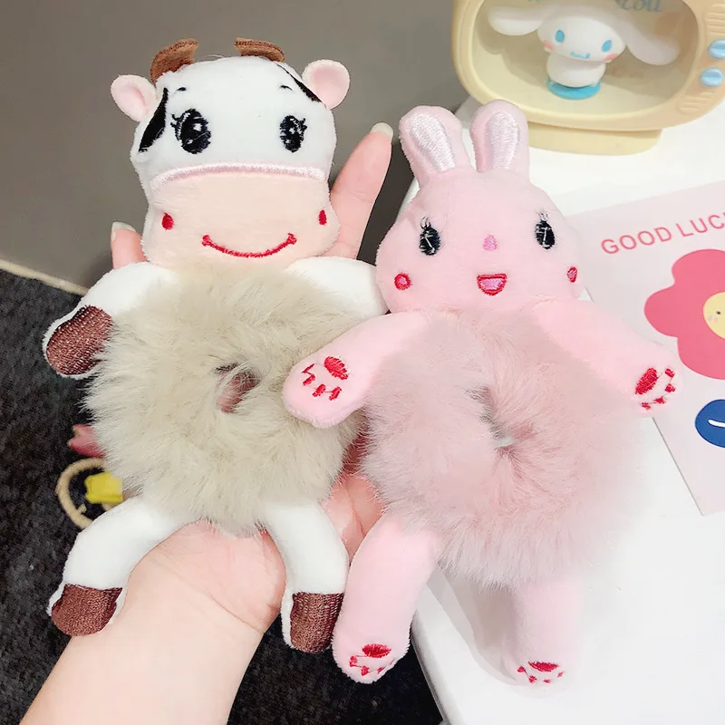 

Kawaii Hair Tie For Kids Elastic Hair Rubber Child Head Accessories Cartoon Plush Frog Rabbit Cat Stuffed Animal Scrunchie Cheap