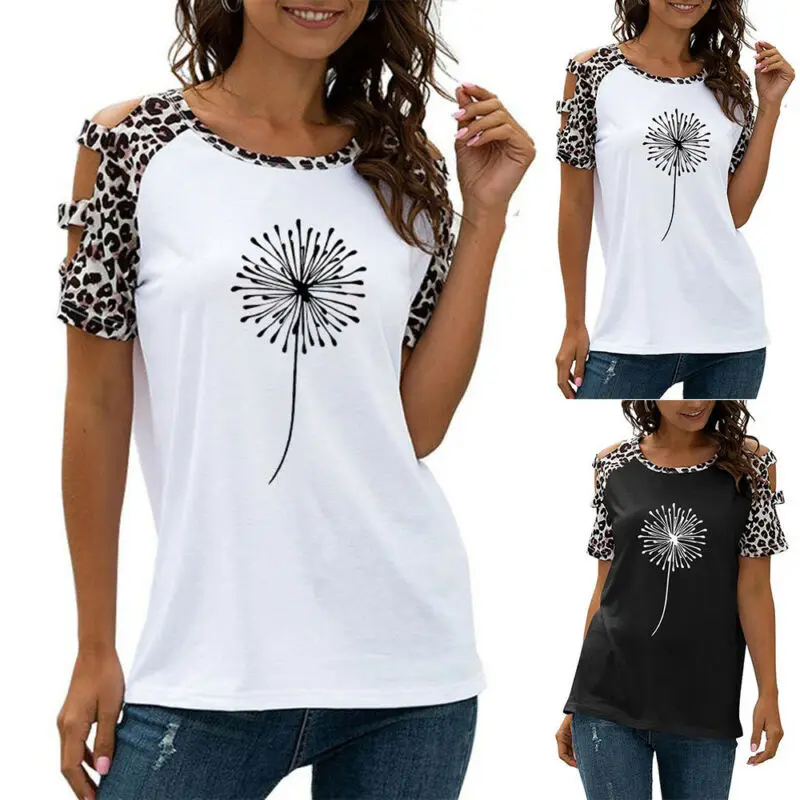 

Womens t Shirt Short Sleeve Floral T-Shirt Summer Cold Shoulder Hollow Out Casual Loose Tops Tees