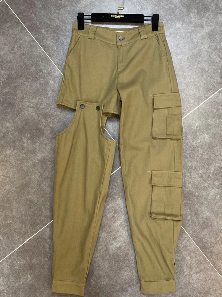 

Free shipping Design sense Hollow beam feet Overalls Women's summer new high waist wild multi-pocket personality trousers