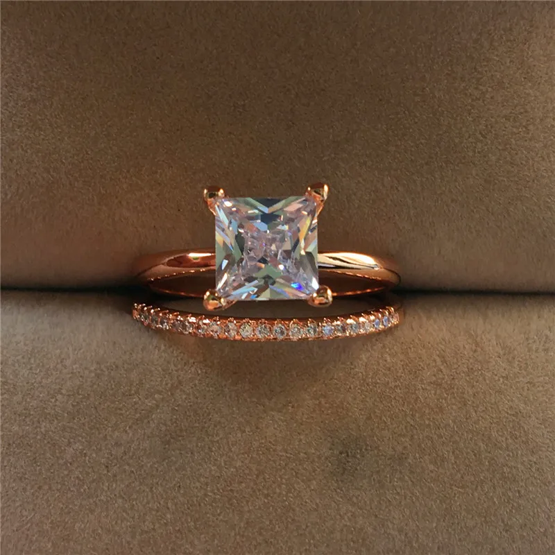 Роскошный женский квадратный белый циркон кольцо Набор Мода розовое золото цвет