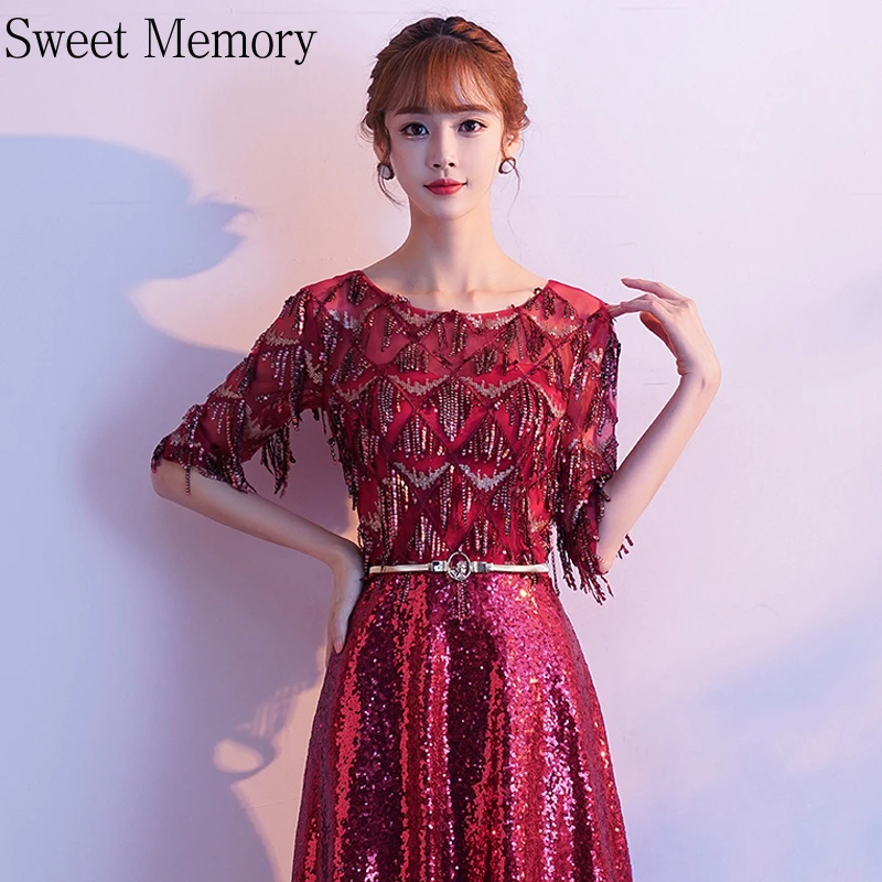 

Sweet Memory Women 2021 Lace Sequined Long Evening Dresses Navy Blue Red Elegant Vestido Vintage Half Sleeve Party Prom Dress