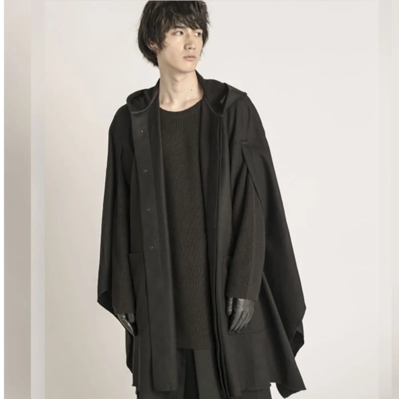 Men's Casual Personalized Wool Coat New Autumn And Winter Tide Cloak Long Loose Hooded Bucket Awning European American | Мужская
