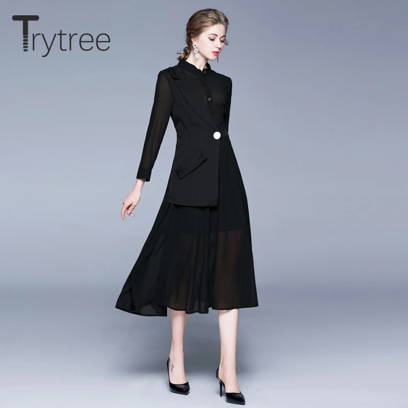 Trytree 2020 весеннее женское платье повседневное лоскутное с воротником-стойкой и