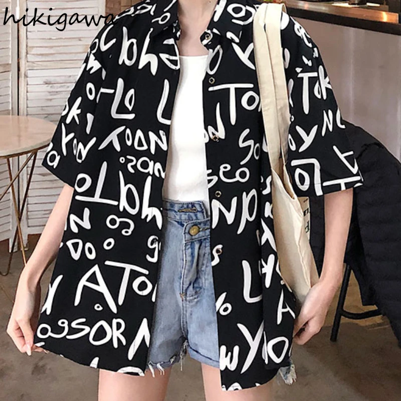 

Hikigawa Womens Tops Letter Printing Button Up Shirt Short Sleeve Men Blouses Korean Fashion Camisas Loose Japan Women Blusas