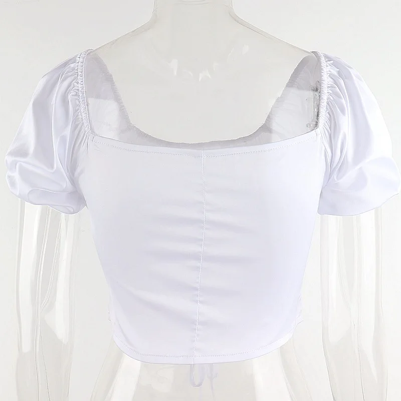 

Summer Shirring White Cropped Tops Woman T-Shirts Puff Short Sleeve Backless Lady Office Tops Femme Elegant Slim Party Tops 2021
