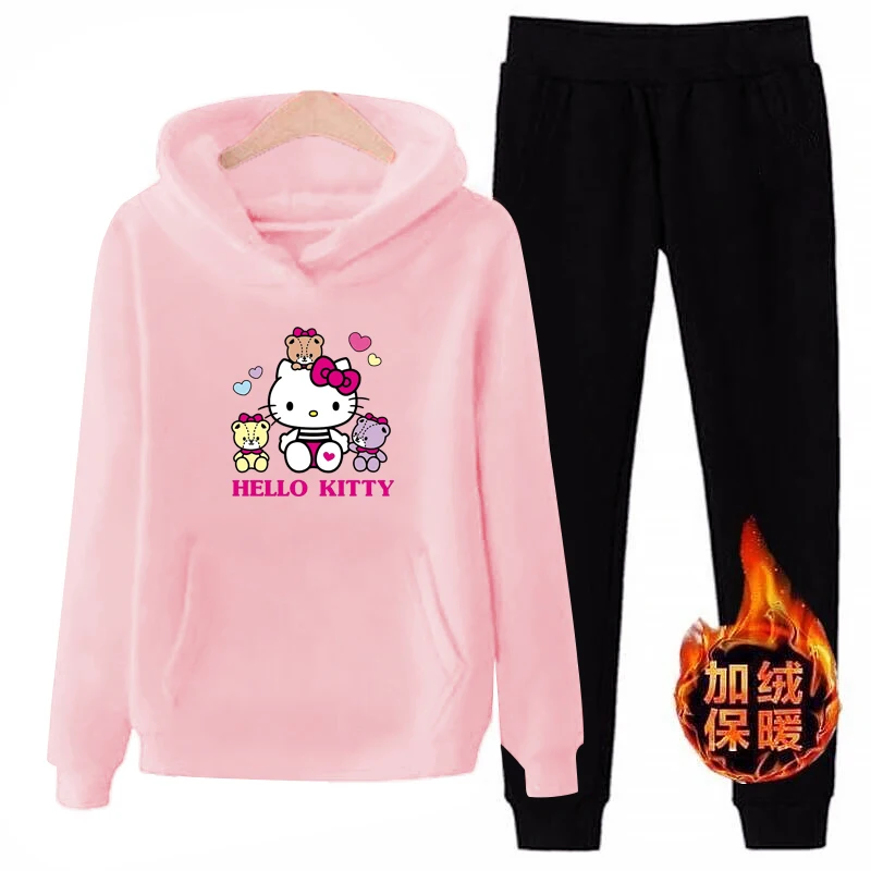 P83 hello-kitty весенне-зимние женские флисовые худи с длинным рукавом, спортивные костюмы, пуловеры, повседневные комплекты