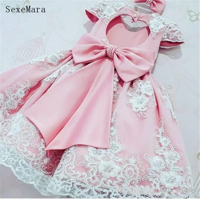 Pink Backless Lace Flower Girl Dresses Cap Sleeves Ball Gown Little Infant Baby Girls Clothes Pageant Dresses Gowns with Bow