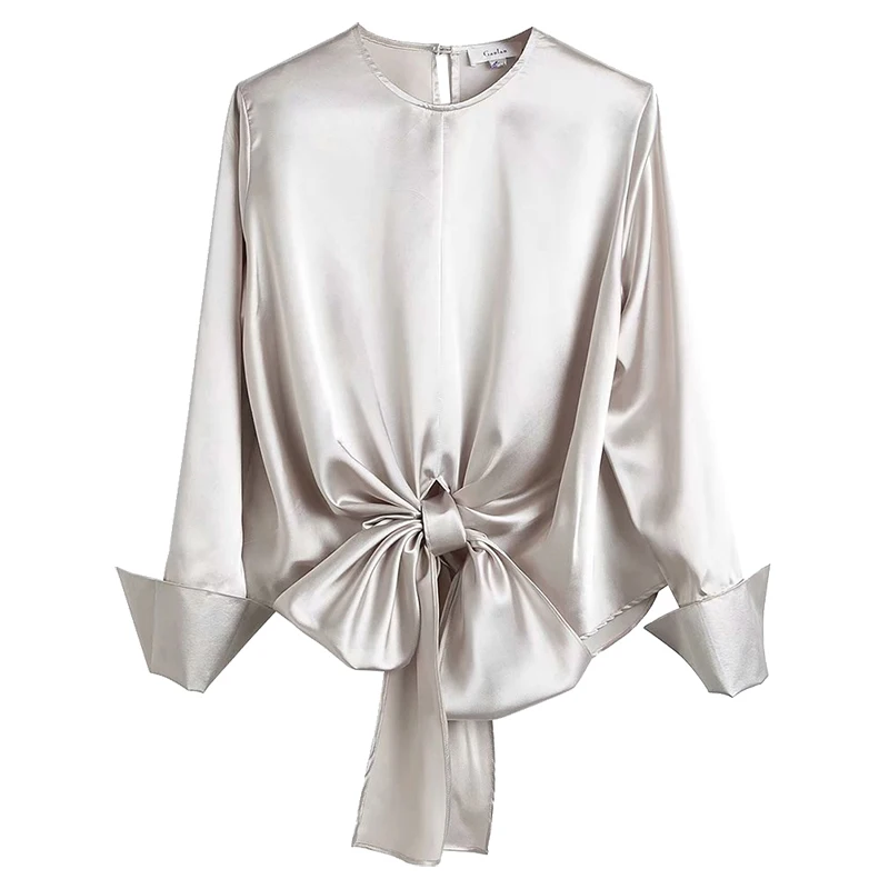 Шифоновая белая длинная рубашка с круглым вырезом Шелковый джемпер бантом