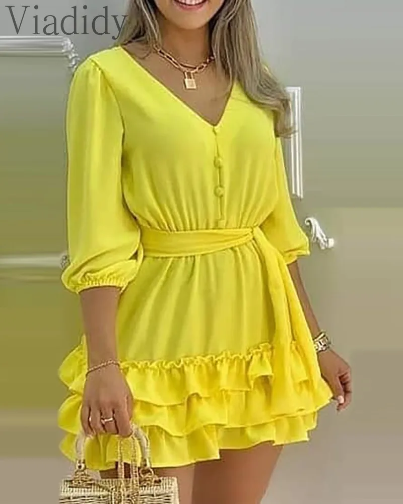 

Women Elegant Solid Color Ruffles Design V Neck A-line Dress