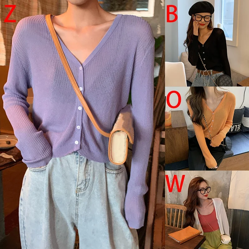 

Summer V-neck Cardigan Loose Knitwear Women Casual Long Sleeve Shirts Tops