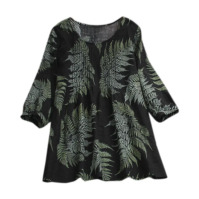 

Women Leaf Print Half Sleeve Oversized Shirt Round Neck Tops Female Fashion Streetwear Shirt Oversize 5XL Casual Clothing