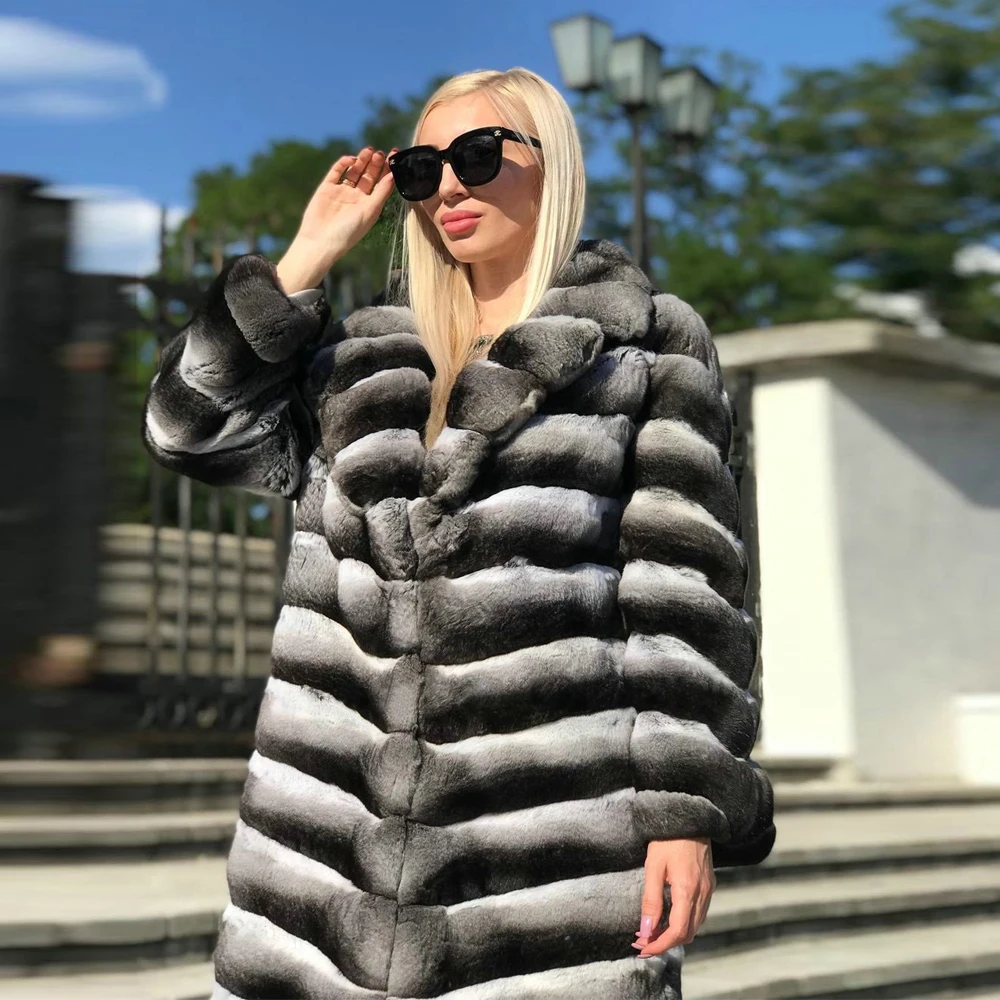 Women Long Real Rex Rabbit Fur Coat Winter Fashion 2022 New Whole Skin Genuine Rex Rabbit Fur Coat Chinchilla Color Overcoats enlarge