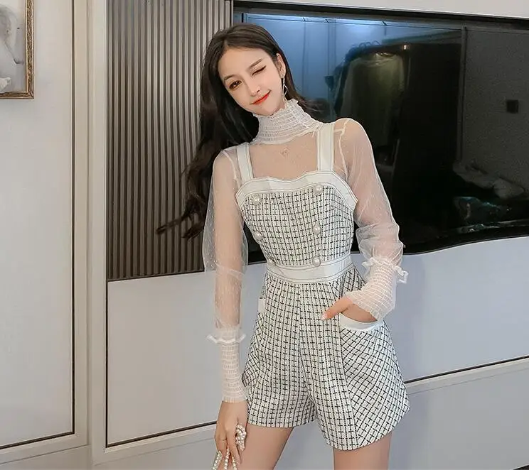 Pants and Shirt Твидовый комбинезон, комплект из двух предметов для женщин, осенняя сексуальная прозрачная водолазка, рукав-фонарик, сетчатая рубашка и шорты на подтяжках, комплект - Цвет: Pants and Shirt