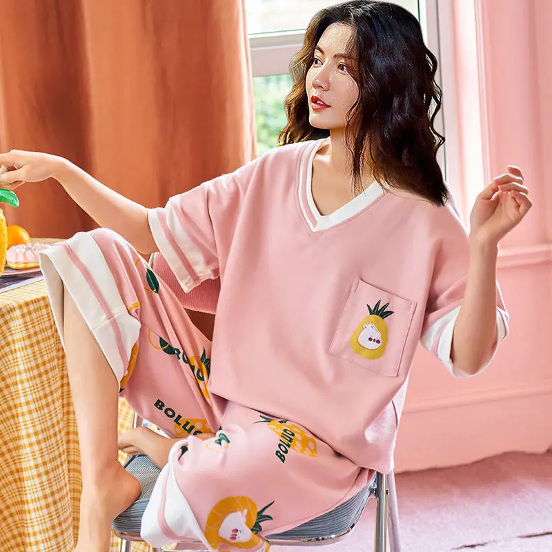 Pajamas Female Summer Short-sleeved Seven Pants Cotton Korean Version of The Casual CuteCartoonThinSectionOutsideWearHomeWearSet