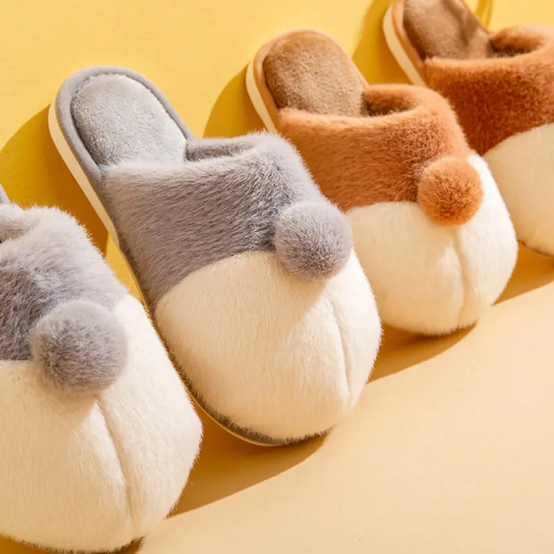 

Cotton Slippers Winter Comfort Plush Warm Indoor Room Couples Fluffy Slippers Cute Corgi Hip Cotton for Women Casual Flat Shoes
