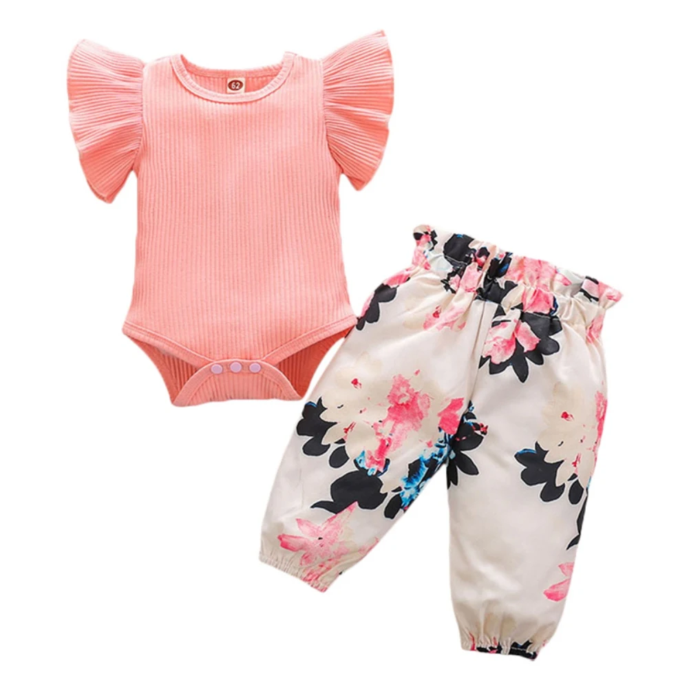 

Infant Baby Girl Clothes Pure Color Short Sleeve Tops + Floral Print Pants Two-Piece Suits Outfit Spring Autumn Clothes 0-12M