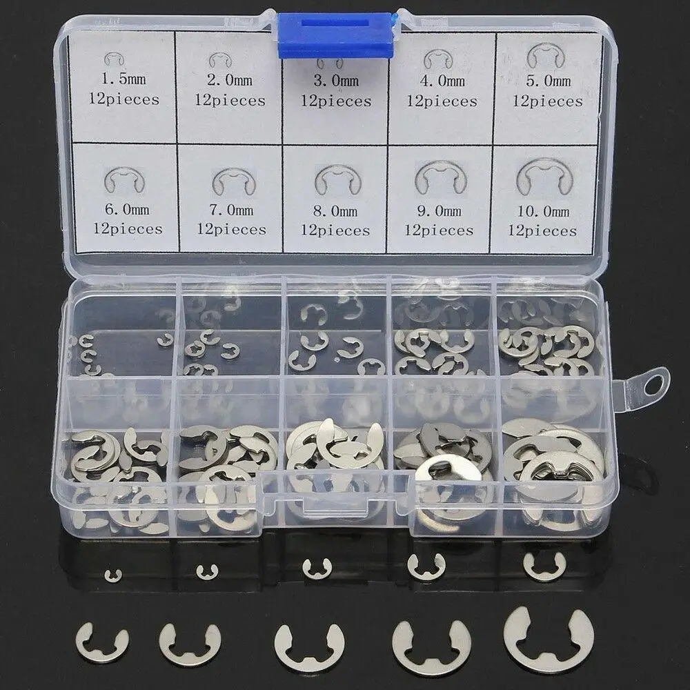

120pcs 304 Stainless Steel E-Clip Retaining Circlip Assortment Kit 1.5mm to 10mm(Box Packing)