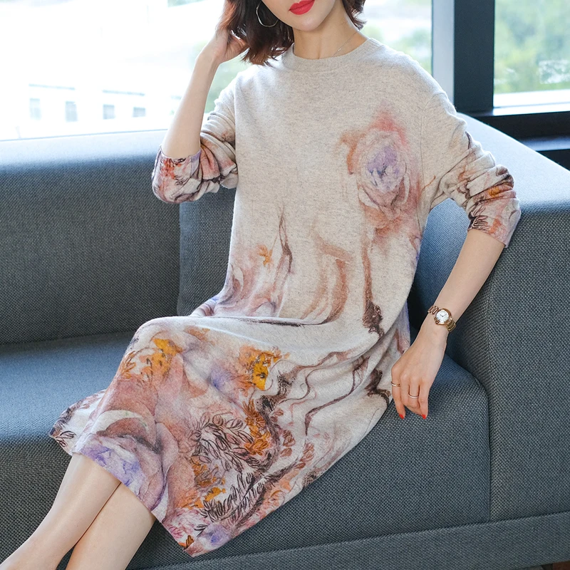 Женское винтажное вязаное платье-свитер свободное трикотажное с круглым вырезом