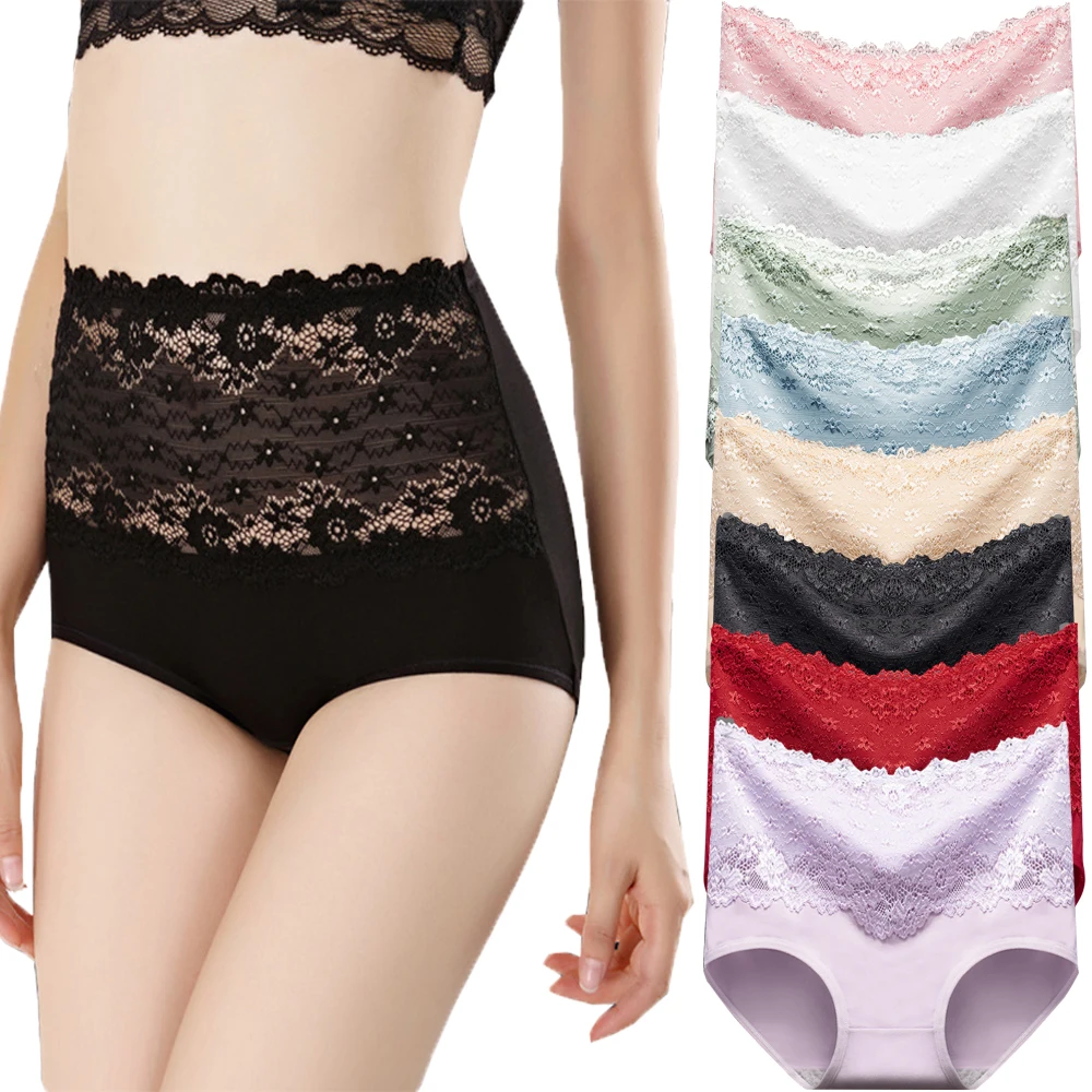 Women's underwear  pure cotton comfortable soft  high-waisted seamless panties  lace sexy girl stretch large size briefs 8 pairs