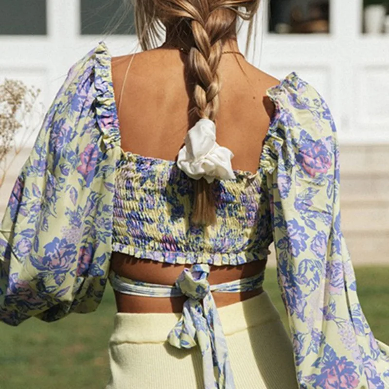 

Floral Print Wrap Boho Top Women Puff Sleeve V Neck Crop Top Bow Tie Elastic Slim Blouse Female Holiday Summer Chiffon Tops