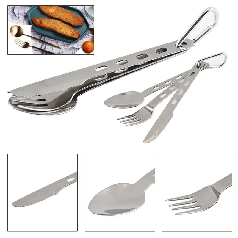 

3 In 1 Outdoor Tableware Set Camping Cooking Supplies Stainless Steel Spoon Folding Pocket Kits Home Picnic Hiking Travel Tools